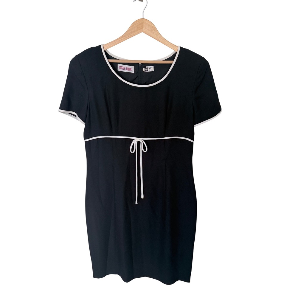 Maggy London Vintage Black White Empire Waist Bow Shift Dress 14 Short Sleeve